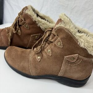 Earth Origins Cooper Brown Leather Ankle Boots 9M Faux Fur Lined Cozy Gorpcore